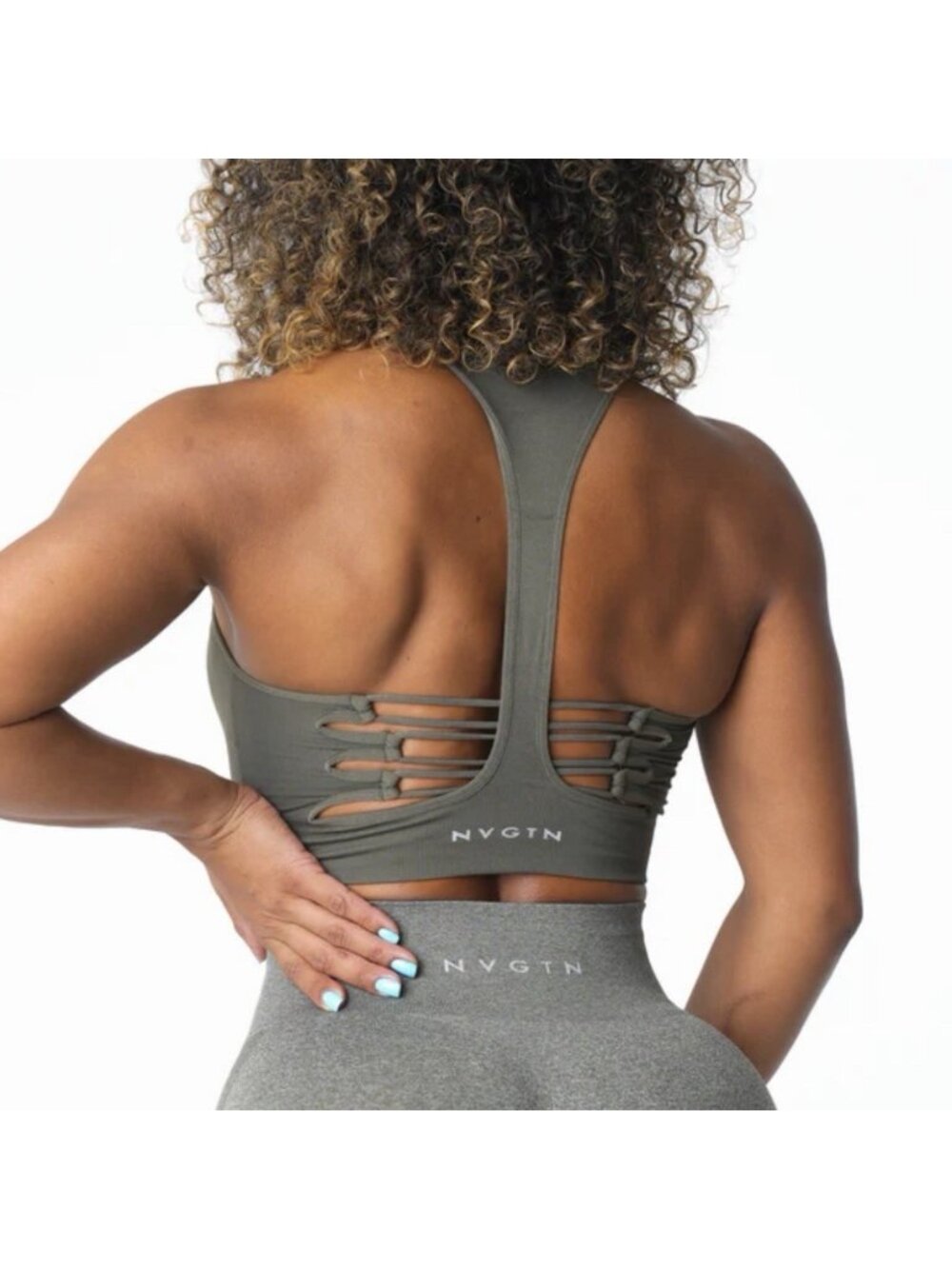 NVGTN Khaki Green Resilience Seamless Sports Bra Strappy Criss Cross Back Small